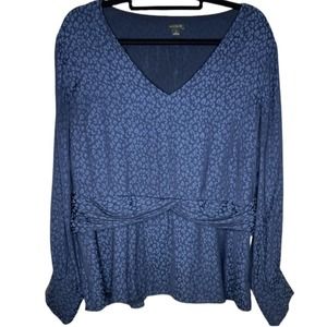 ANN TAYLOR Animal Print Blouse Size 14 Blue Peplum Long Sleeve Side Zip V Neck